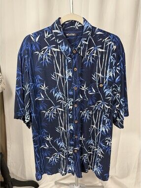 Puritan Mens SIZE Hawaiian Shirt Navy Bamboo Print Camp Aloha Tiki Button Up